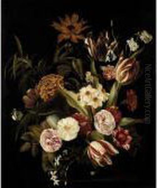 A Still Life Of Roses, Tulips And Other Flowers In A Glass Vase On A Stone Ledge - view 1
