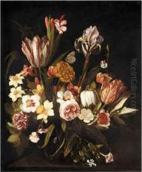 A Still Life Of Tulips, Roses, 
Irises, Carnations And Various Other Flowers Together In A Glass Vase On
 A Ledge - view 1