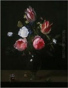 A Still Life Of Roses, Tulips, 
Bluebells, Narcissi, And Other Flowers In A Glass Vase, With A Bee And A
 Red Admiral Butterfly On A Wooden Ledge