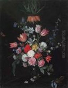 Parrot Tulips, Roses, 
Carnations, Bluebells, Irises And Crownimperial In A Glass Vase, By A 
Watch On A Draped Table With Apeacock Butterfly And A Dragonfly