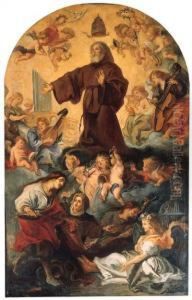 Saint Francis Of Paula In Glory, Attended By Angels And Saints, Ina Painted Arch by Theodor Van Thulden