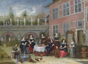 Portrait Of A Family Around A 
Table Served With Lobster, A Pie, Bread And Flowering Spring Onions, In A
 Courtyard With A Fountain And A Sculpture Garden, An Orchard Beyond