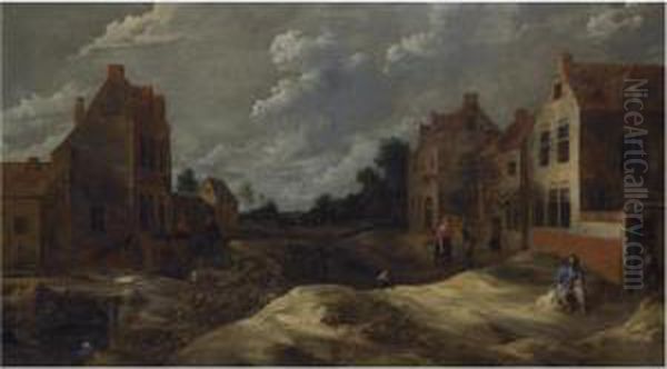 A Hilly Village Street With A Man Drinking In Front Of A Tavern - view 1