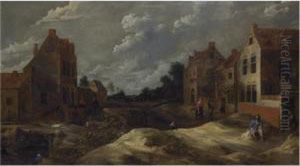 A Hilly Village Street With A Man Drinking In Front Of A Tavern A Hilly Village Street With A Man Drinking In Front Of A Tavern