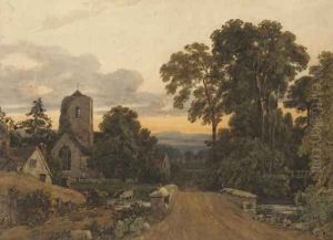 A lone figure on a bridge overlooking a sleepy village by Francis Oliver Finch