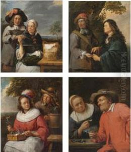 A Man Propositioning A 
Seamstress; A Woman Offering A Peasant A Shell; A Man And Woman With 
Flowers; Two Men Arranging A Deal by Gillis van Tilborgh