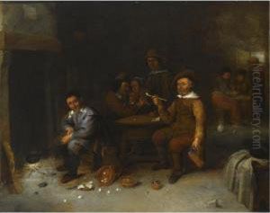 Figures In An Inn, One Smoking,
Another Playing The Flute For A Woman, Another Figure Warming A Pan
Above A Fire In The Fireplace by Gillis van Tilborgh