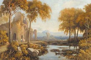 Figures and a horse beneath a ruined castle by Francis Oliver Finch