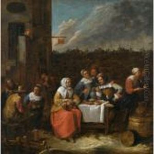 An Elegant Company Eating, Drinking And Smoking In The Courtyard Of An Inn by Gillis van Tilborgh