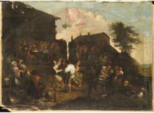 A Village Fete With Figures Outside A Tavern Merrymaking And Dancing Round A Maypole