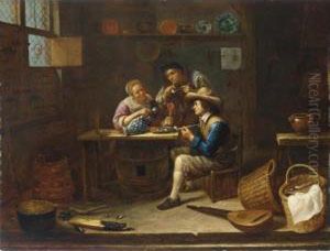 A Tavern Interior With Men And A Woman Smoking And Drinking Around A Table by Gillis van Tilborgh