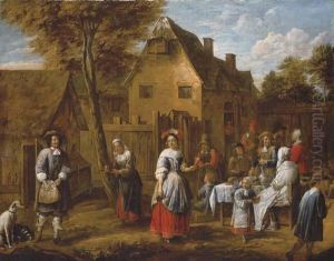 Elegant Figures Gathering Around A Table In A Courtyard