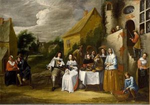 An Elegant Company Drinking And Eating Outside An Inn