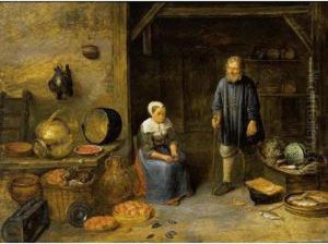A Barn Interior With A Maid 
Opening Mussels And A Man With A Stick Standing, Together With A Still 
Life Of Vegetables And Fruits In Baskets, Crabs And Other Fish, And Pots
 And Other Stoneware On A Table by Gillis van Tilborgh