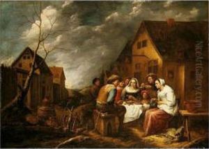 A Landscape With Figures Dining Outside An Inn by Gillis van Tilborgh