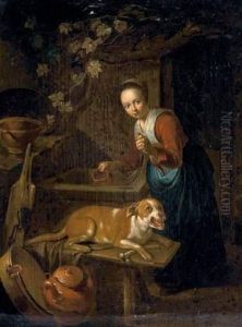 Jeune Femme Et Chien Au Puits by Dominicus van Tol