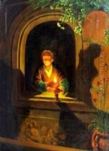 Junge Frau Am Fenster, Eine Kerze In Der Hand Haltend