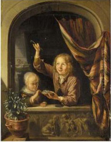 Two Children Blowing Bubbles At A Window by Dominicus van Tol