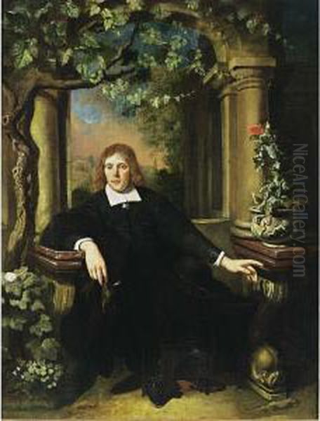A Portrait Of A Gentleman, 
Seated Full Length, Wearing A Black Costume With White Collar And Cuffs,
 Holding A Handkerchief In His Right Hand, In An Architectural Setting 
With A Landscape Beyond - view 1
