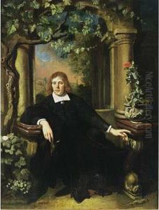 A Portrait Of A Gentleman, 
Seated Full Length, Wearing A Black Costume With White Collar And Cuffs,
 Holding A Handkerchief In His Right Hand, In An Architectural Setting 
With A Landscape Beyond