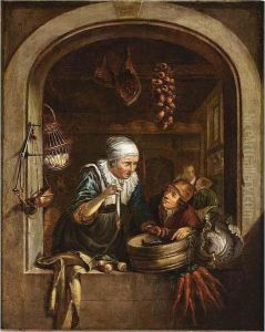 A Woman Showing A Herring To A
Boy In A Window Bears Van Tol Signature And Date 1672 Upper Centre by Dominicus van Tol
