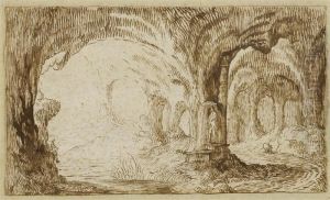 Felsenhohle Mit Stehender Und Sitzender Figur.