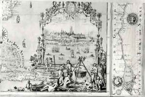 View of Quebec cartouche of a map depicting St Lawrence River from Sorel by Jean Baptiste Louis Franquelin