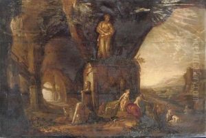 Diana And Her Nymphs Bathing Near A Grotto With Classical Monuments by Rombout Van Troyen