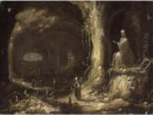 Interior Of A Grotto With Figures In Oriental Dress Before Shrines