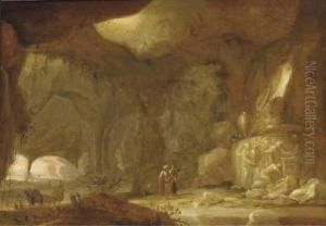 A Natural Grotto With Figures Approaching A Shrine by Rombout Van Troyen
