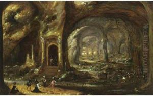A Cave With Soldiers Capturing A
 Woman And Her Servant In The Foreground, Other Soldiers Near A Fire On 
The Right by Rombout Van Troyen
