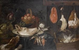 A Dog And Cat Amid A Still Life 
Of Game With A Basket Of Asparagus And Mushrooms In A Kitchen Interior