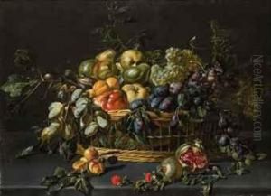 A Basket Of Grapes, Apples, Pears, Peaches, Apricots And Otherfruit On A Ledge by Adriaen van Utrecht