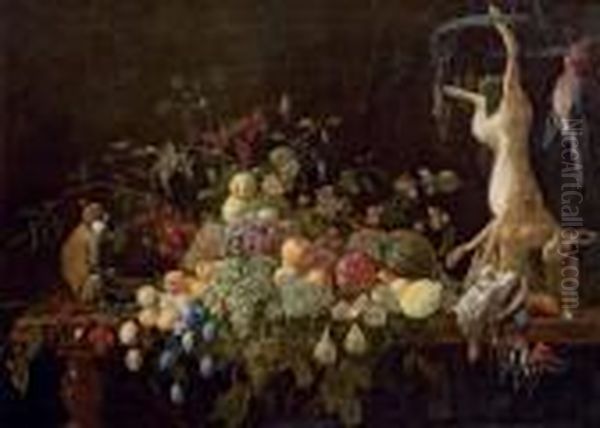 Grapes, Oranges, Plums, Pears,
Pomegranates, Figs, Cherries, Amelon And Other Fruits And Berries, On A
Partly-draped Table With Amonkey, A Hare, A Jay, A Partridge, A
Woodpecker, A Kingfisher,chaffinches And Other Fowl - view 1