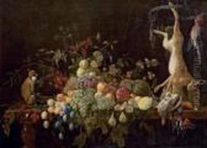 Grapes, Oranges, Plums, Pears,
Pomegranates, Figs, Cherries, Amelon And Other Fruits And Berries, On A
Partly-draped Table With Amonkey, A Hare, A Jay, A Partridge, A
Woodpecker, A Kingfisher,chaffinches And Other Fowl by Adriaen van Utrecht