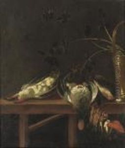 Woodpeckers, Great Tits And A Brass Bucket On A Wooden Table by Adriaen van Utrecht