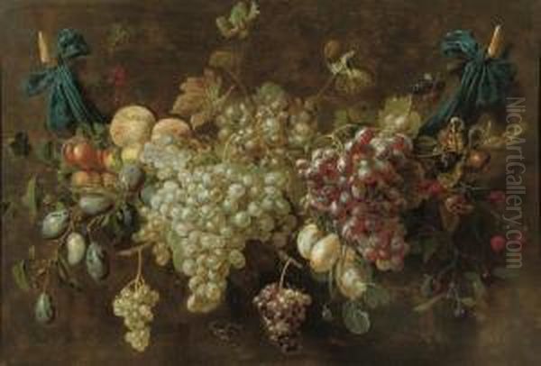 A Garland Of White And Black 
Grapes, Plums, Peaches, Cherries Andother Fruit, Tied To The Wall With 
Blue Ribbons - view 1