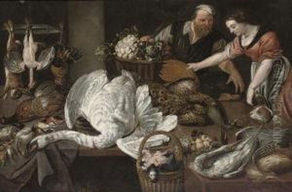 A Kitchen Still Life With A
Swan, A Peacock, Chicken, Finches And Other Poultry Laid On A Table,
With A Maid, And A Butcher - view 1