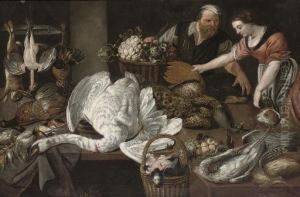 A Kitchen Still Life With A
Swan, A Peacock, Chicken, Finches And Other Poultry Laid On A Table,
With A Maid, And A Butcher by Adriaen van Utrecht