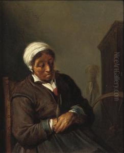 An Old Woman At A Spinning Wheel - view 1