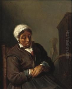 An Old Woman At A Spinning Wheel by Adriaen van Utrecht