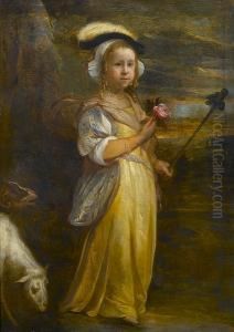Portrait Of A Young Girl Dressed
 As A Shepherdess, In A Yellow Dress And A Plumed Hat, Holding A Rose