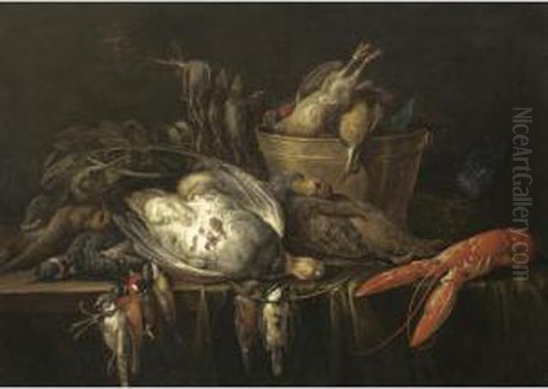 Still Life With A Lobster,
Partridges, Songbirds, And A Brass Bucket All Resting On A Wooden Table
Draped With A Green Cloth - view 1