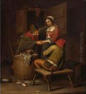 An Interior Scene With Peasants
Courting A Young Woman, Some Smoking Utensils And Playing Cards On The
Ground by Adriaen van Utrecht