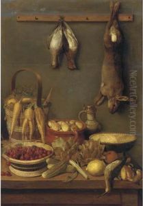 A Wicker Basket Of Cherries, A 
Bucket Of Parsnips, An Earthenwarejug Filled With Pears And A Pie In A 
Dish On A Table Withartichokes, Courgettes, A Lemon, An Orange, A Snipe 
And A Duck, Arabbit And Two Starlings Hanging Above