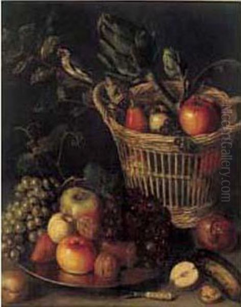 Nature Morte Au Panier De Fruits
Et Artichauts, Pres D'un Plat De Fruit Sur Un Entablement - view 1