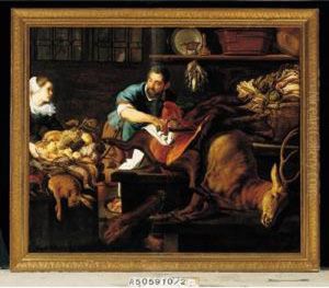 A Kitchen Still Life, With A Man-servant Paunching A Stag, Watched By A Maid by Adriaen van Utrecht