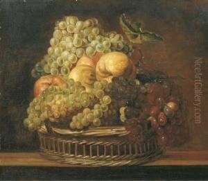 Grapes, Apples, A Peach And A Lemon In A Wicker Basket On A Woodenledge by Adriaen van Utrecht