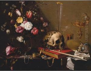 Vanitas Still Life With A Bouquet And A Skull by Adriaen van Utrecht