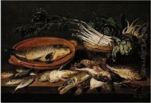 A Still Life Of Artichokes,
Asparagus, Radishes, And Turnips In A Wicker Basket, With A Carp In A
Terracotta Dish, Together With Salt- And Fresh-water Fish, All Arranged
Upon A Table-top by Adriaen van Utrecht